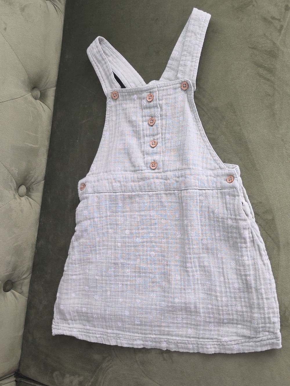 Girls' Sage Green Cotton Pinafore Dress with Button Detail